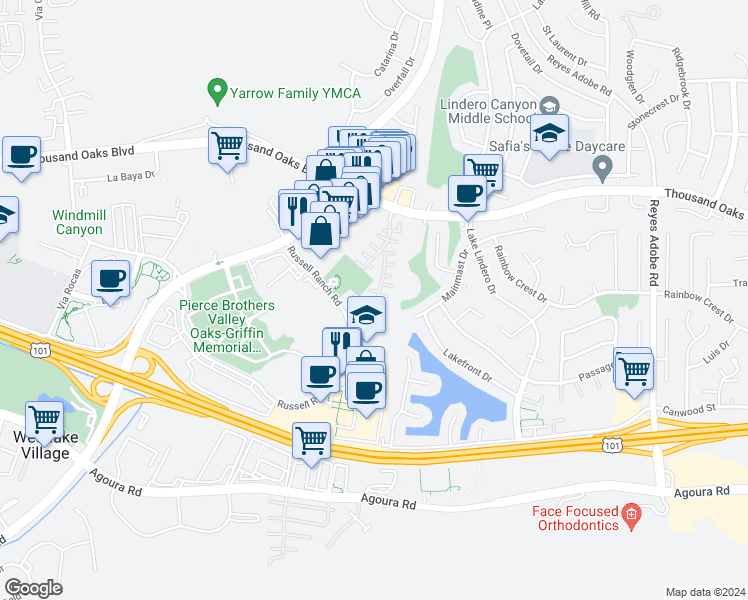map of restaurants, bars, coffee shops, grocery stores, and more near 5517 Salerno Drive in Westlake Village