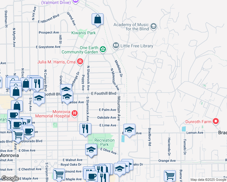 map of restaurants, bars, coffee shops, grocery stores, and more near 835 East Foothill Boulevard in Monrovia