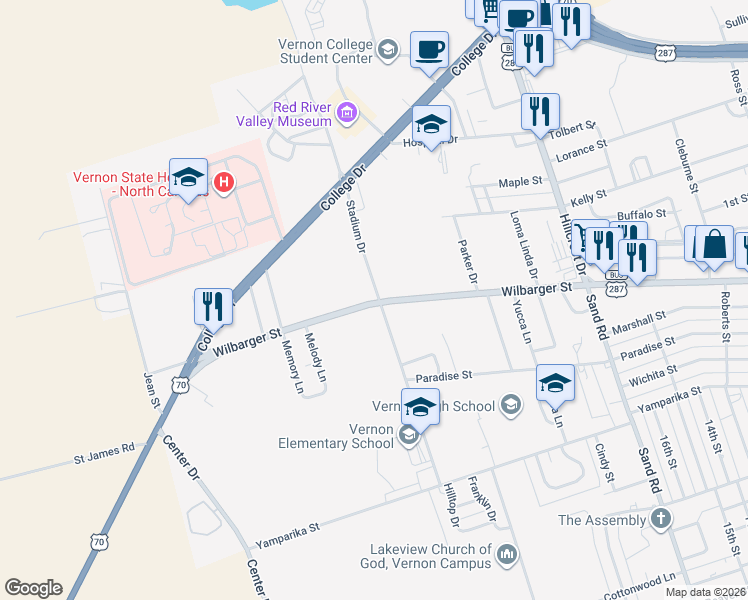 map of restaurants, bars, coffee shops, grocery stores, and more near 4718 Wilbarger Street in Vernon