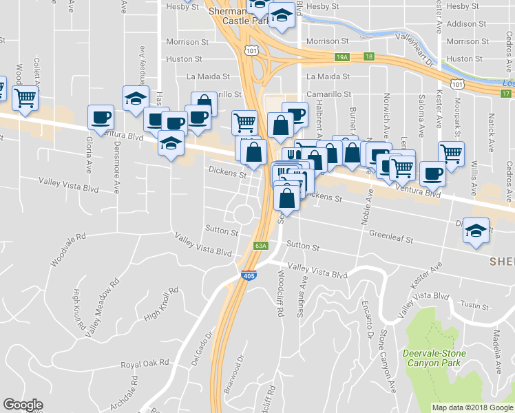 map of restaurants, bars, coffee shops, grocery stores, and more near 4466 Sherman Oaks Circle in Los Angeles