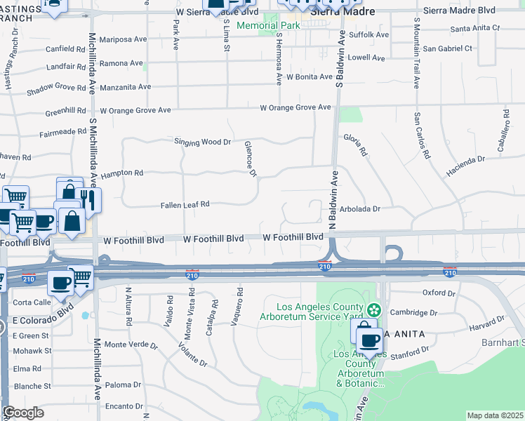 map of restaurants, bars, coffee shops, grocery stores, and more near 896 Fallen Leaf Road in Arcadia