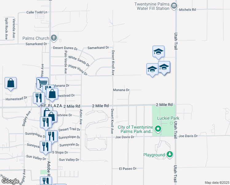 map of restaurants, bars, coffee shops, grocery stores, and more near 74103 Manana Drive in Twentynine Palms