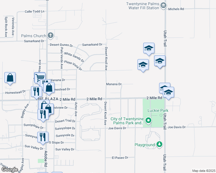 map of restaurants, bars, coffee shops, grocery stores, and more near 74103 Manana Drive in Twentynine Palms