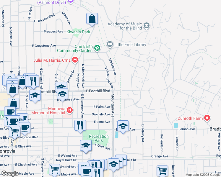 map of restaurants, bars, coffee shops, grocery stores, and more near 835 East Foothill Boulevard in Monrovia