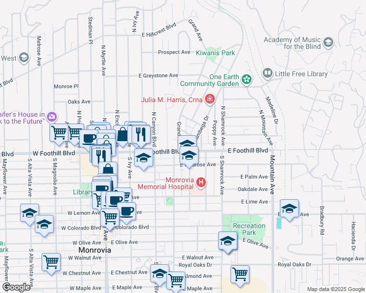 map of restaurants, bars, coffee shops, grocery stores, and more near 105C Grand Avenue in Monrovia