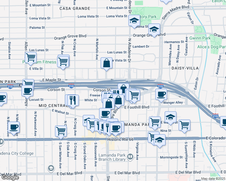 map of restaurants, bars, coffee shops, grocery stores, and more near 2390 Corson Street in Pasadena