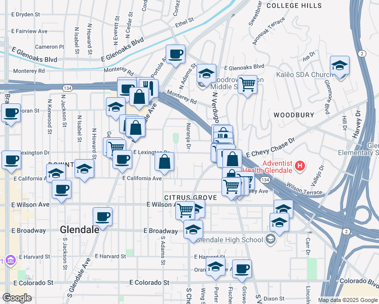 map of restaurants, bars, coffee shops, grocery stores, and more near 1217 East Lexington Drive in Glendale