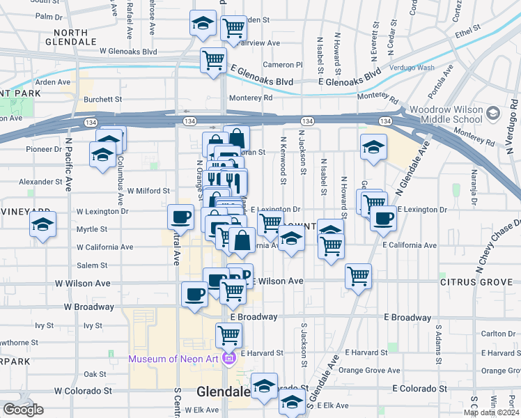 map of restaurants, bars, coffee shops, grocery stores, and more near in Glendale