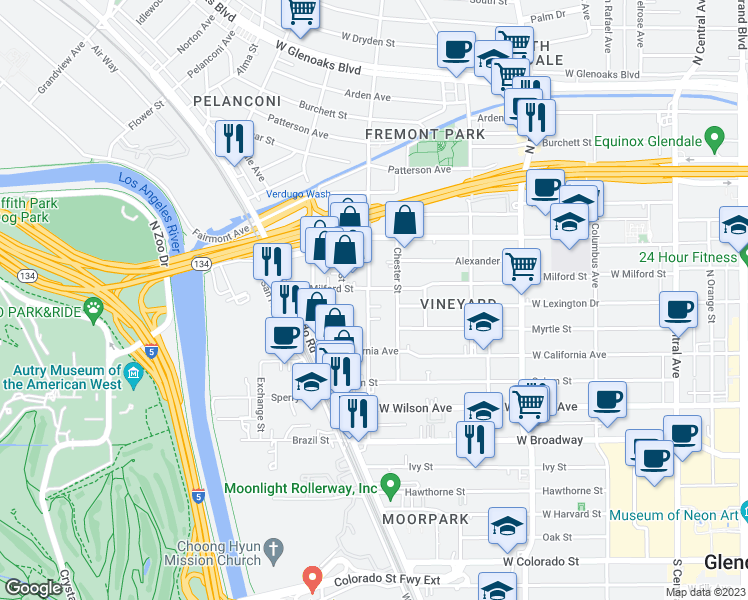 map of restaurants, bars, coffee shops, grocery stores, and more near 710 West Milford Street in Glendale