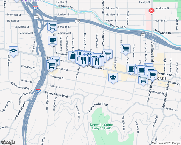 map of restaurants, bars, coffee shops, grocery stores, and more near 14961 Dickens Street in Los Angeles