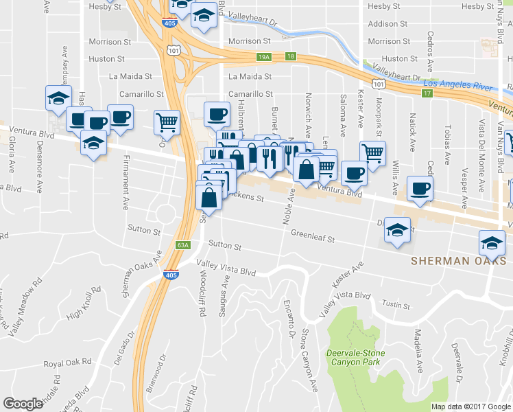 map of restaurants, bars, coffee shops, grocery stores, and more near 15204 Dickens Street in Los Angeles