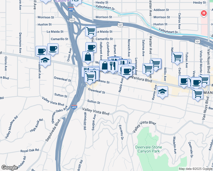 map of restaurants, bars, coffee shops, grocery stores, and more near 15204 Dickens Street in Los Angeles
