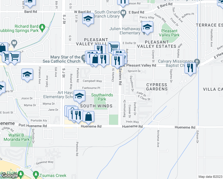 map of restaurants, bars, coffee shops, grocery stores, and more near 230 Chester Way in Oxnard