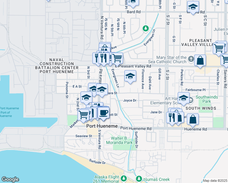 map of restaurants, bars, coffee shops, grocery stores, and more near 411 Evergreen Lane in Port Hueneme