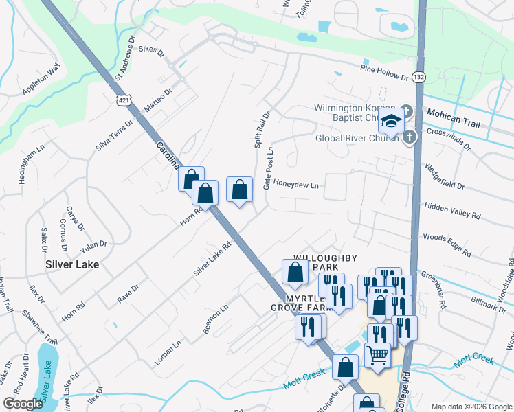 map of restaurants, bars, coffee shops, grocery stores, and more near 5015-5019 Split Rail Drive in Wilmington