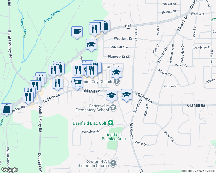 map of restaurants, bars, coffee shops, grocery stores, and more near 11 Greenway Lane in Cartersville