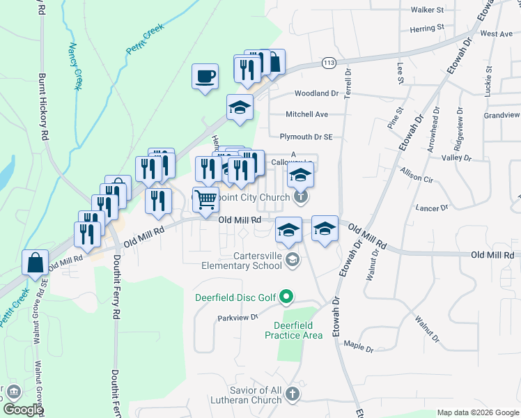 map of restaurants, bars, coffee shops, grocery stores, and more near 10 Courtyard Lane in Cartersville