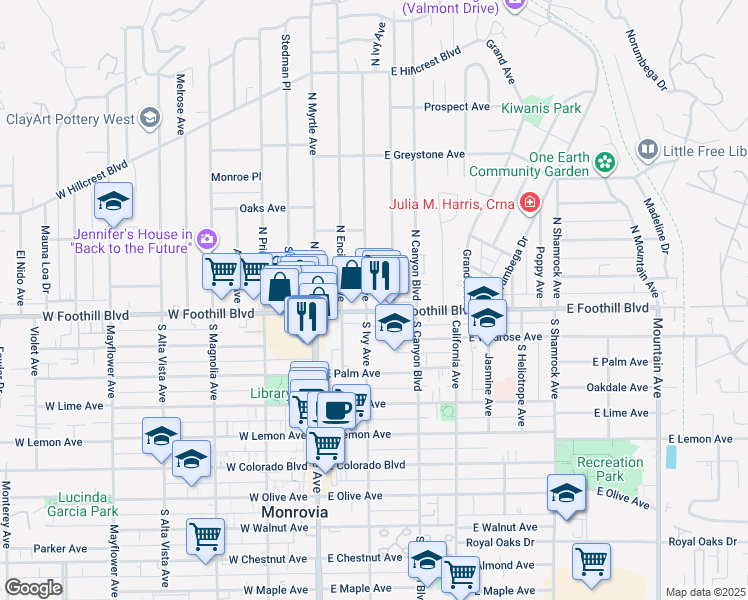 map of restaurants, bars, coffee shops, grocery stores, and more near 201 East Foothill Boulevard in Monrovia