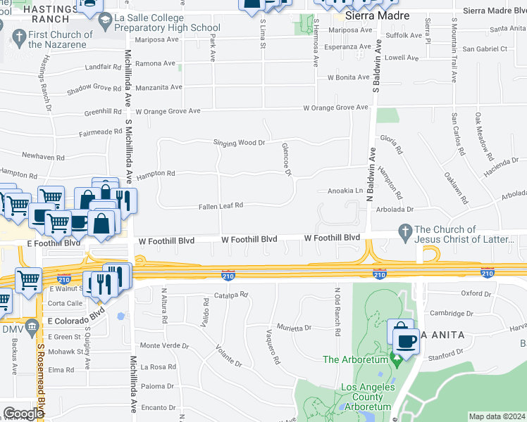 map of restaurants, bars, coffee shops, grocery stores, and more near 938 Fallen Leaf Road in Arcadia