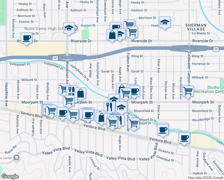 map of restaurants, bars, coffee shops, grocery stores, and more near 4547 Varna Avenue in Los Angeles