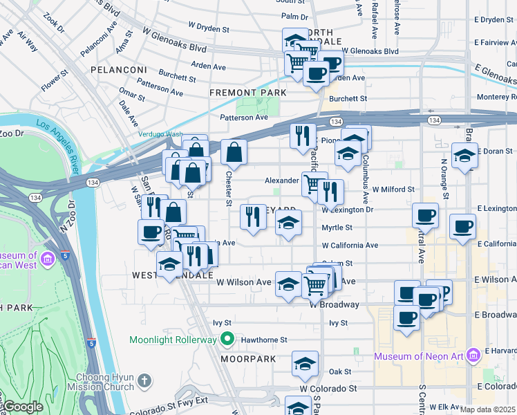 map of restaurants, bars, coffee shops, grocery stores, and more near 629 West Lexington Drive in Glendale