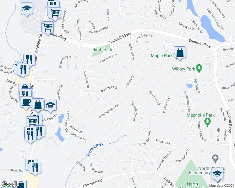 map of restaurants, bars, coffee shops, grocery stores, and more near 1228 Waverly Place Lane in Columbia