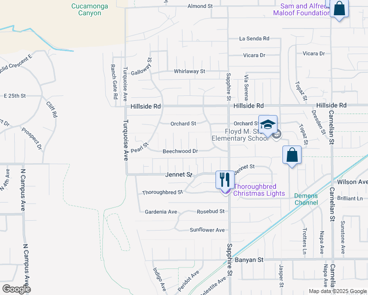 map of restaurants, bars, coffee shops, grocery stores, and more near 5659 Carol Avenue in Rancho Cucamonga