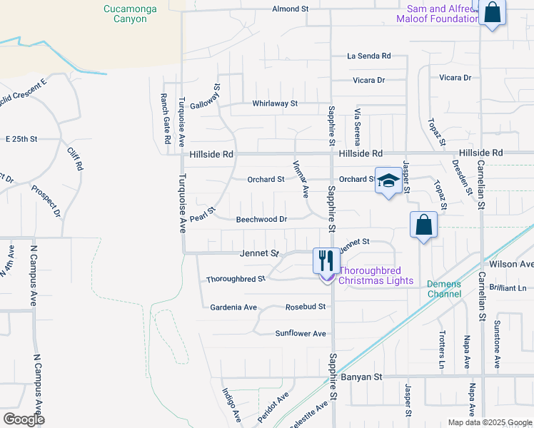 map of restaurants, bars, coffee shops, grocery stores, and more near 5659 Carol Avenue in Rancho Cucamonga
