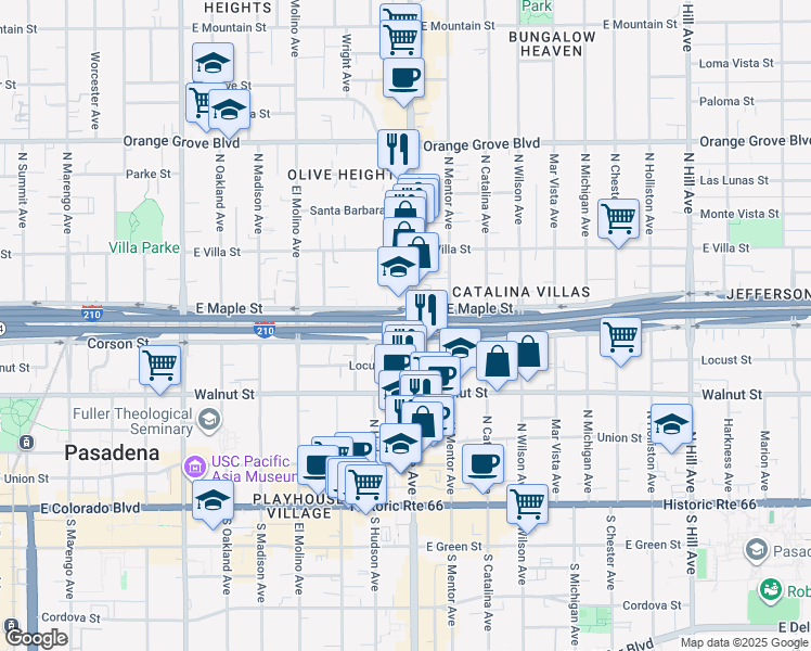 map of restaurants, bars, coffee shops, grocery stores, and more near 340 North Lake Avenue in Pasadena