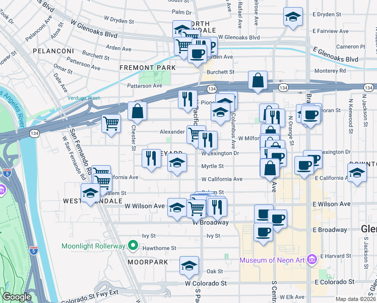 map of restaurants, bars, coffee shops, grocery stores, and more near 408 North Pacific Avenue in Glendale