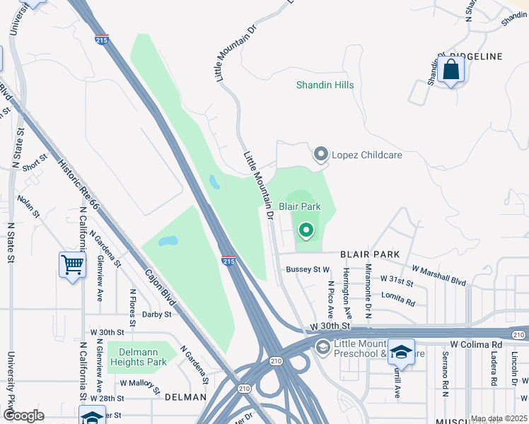 map of restaurants, bars, coffee shops, grocery stores, and more near 3294 Little Mountain Drive in San Bernardino