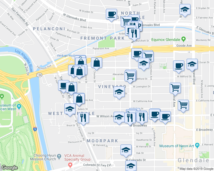 map of restaurants, bars, coffee shops, grocery stores, and more near 629 West Lexington Drive in Glendale