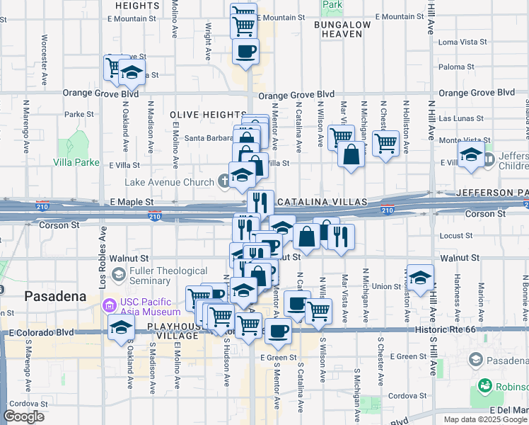 map of restaurants, bars, coffee shops, grocery stores, and more near 340 North Lake Avenue in Pasadena