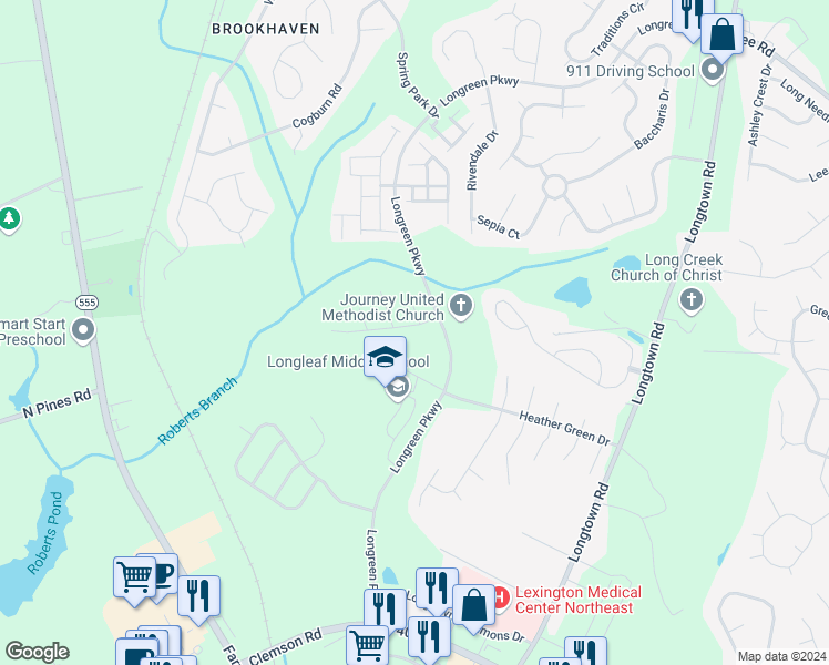 map of restaurants, bars, coffee shops, grocery stores, and more near 117 Churchland Drive in Columbia