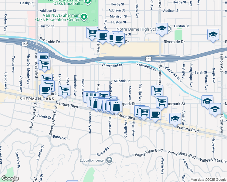 map of restaurants, bars, coffee shops, grocery stores, and more near 4457 Murietta Avenue in Los Angeles