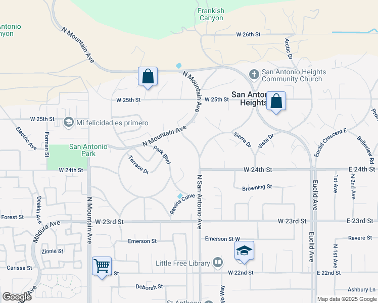 map of restaurants, bars, coffee shops, grocery stores, and more near 2419 San Antonio Crescent East in Upland