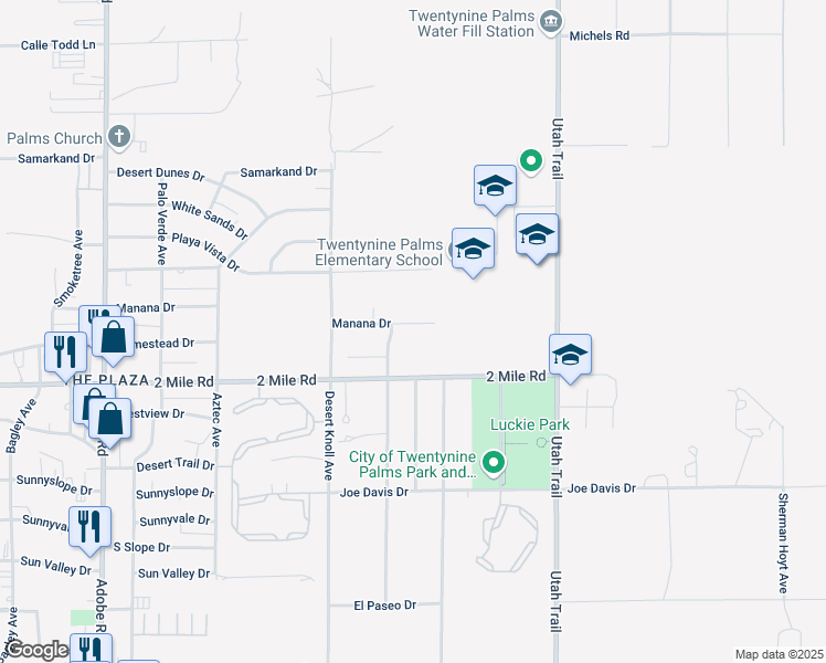 map of restaurants, bars, coffee shops, grocery stores, and more near 74127 Manana Drive in Twentynine Palms