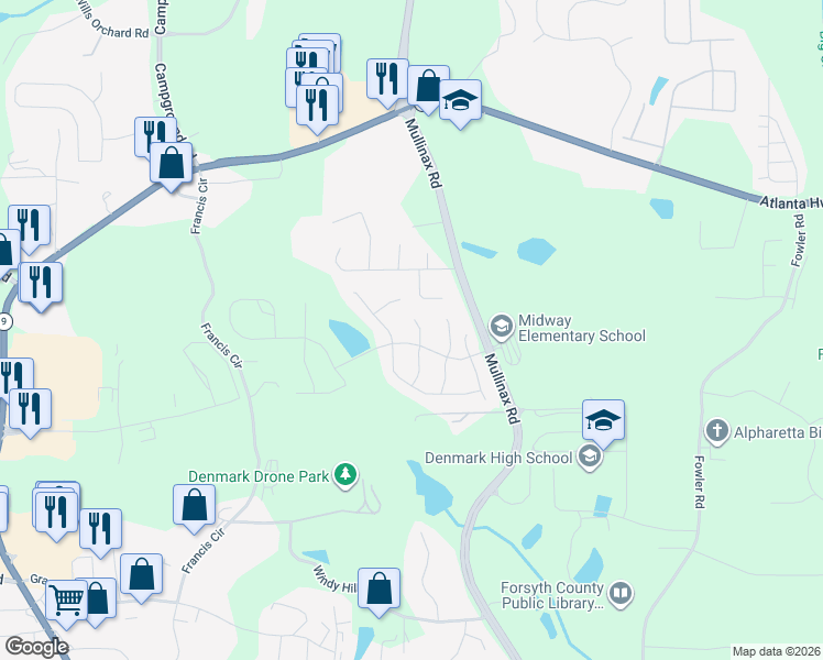 map of restaurants, bars, coffee shops, grocery stores, and more near 730 Harcombe Way in Alpharetta