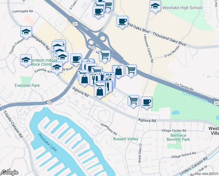 map of restaurants, bars, coffee shops, grocery stores, and more near 2806c Village Glen in Thousand Oaks