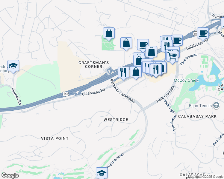 map of restaurants, bars, coffee shops, grocery stores, and more near 24100 Calabasas Road in Calabasas