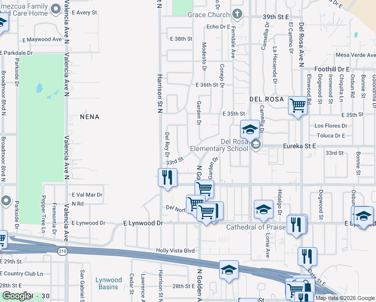 map of restaurants, bars, coffee shops, grocery stores, and more near 1192 33rd Street in San Bernardino