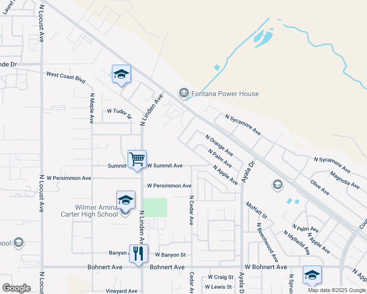 map of restaurants, bars, coffee shops, grocery stores, and more near 3066 North Apple Avenue in Rialto