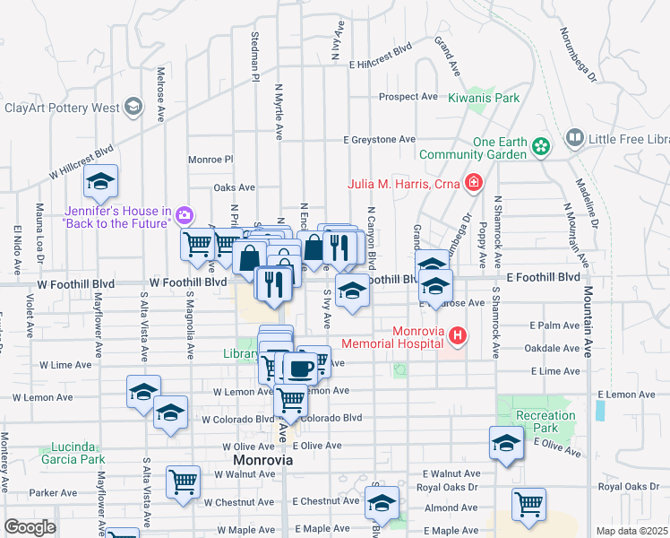 map of restaurants, bars, coffee shops, grocery stores, and more near 201 East Foothill Boulevard in Monrovia
