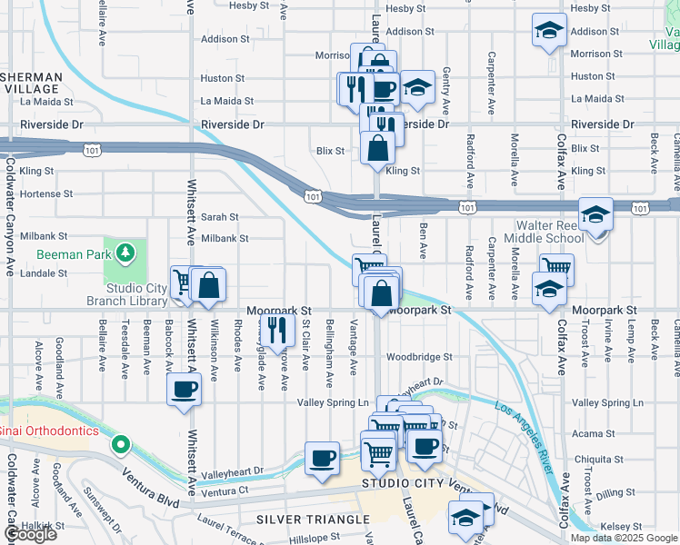 map of restaurants, bars, coffee shops, grocery stores, and more near 4458 Bellingham Avenue in Los Angeles
