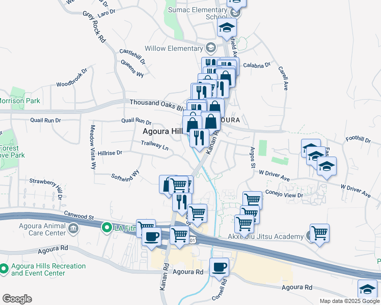 map of restaurants, bars, coffee shops, grocery stores, and more near 5540 Buffwood Place in Agoura Hills