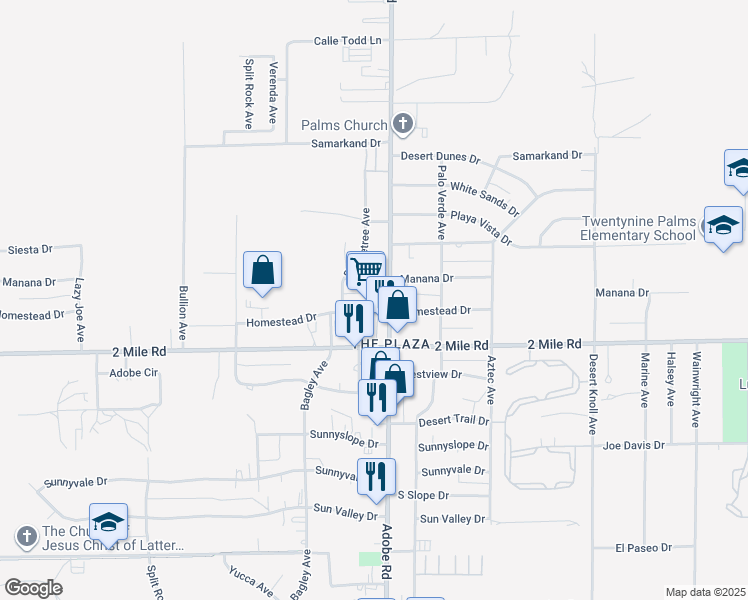 map of restaurants, bars, coffee shops, grocery stores, and more near 5654 Adobe Road in Twentynine Palms