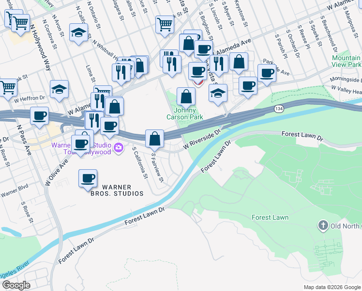 map of restaurants, bars, coffee shops, grocery stores, and more near 2915 Teal Court in Burbank