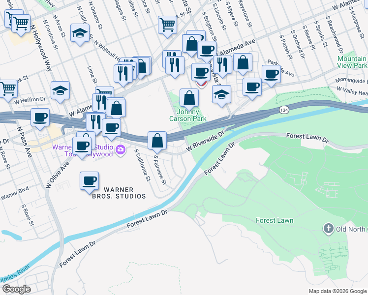 map of restaurants, bars, coffee shops, grocery stores, and more near 2915 Teal Court in Burbank