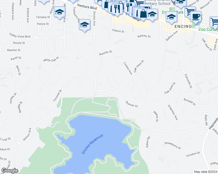 map of restaurants, bars, coffee shops, grocery stores, and more near 17419 Sumiya Drive in Los Angeles