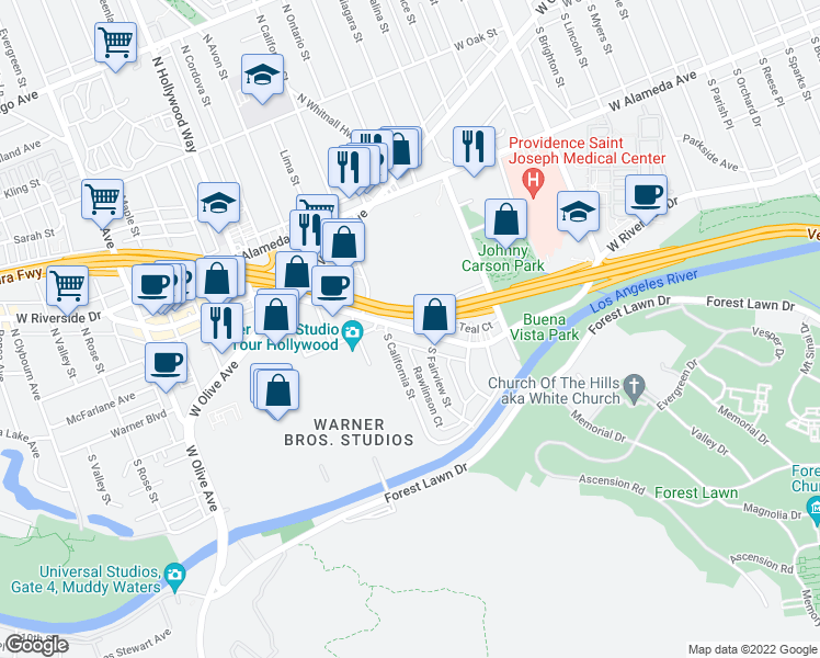 map of restaurants, bars, coffee shops, grocery stores, and more near 3123 West Riverside Drive in Burbank